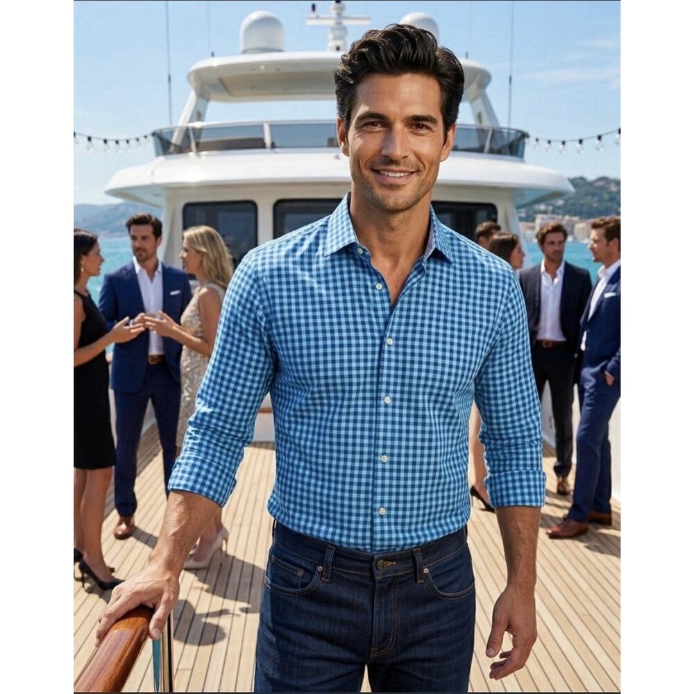 J Hilburn Zephir 1818 Blue Check Dress Shirt Men’s Custom Fit XL 17.5 Neck